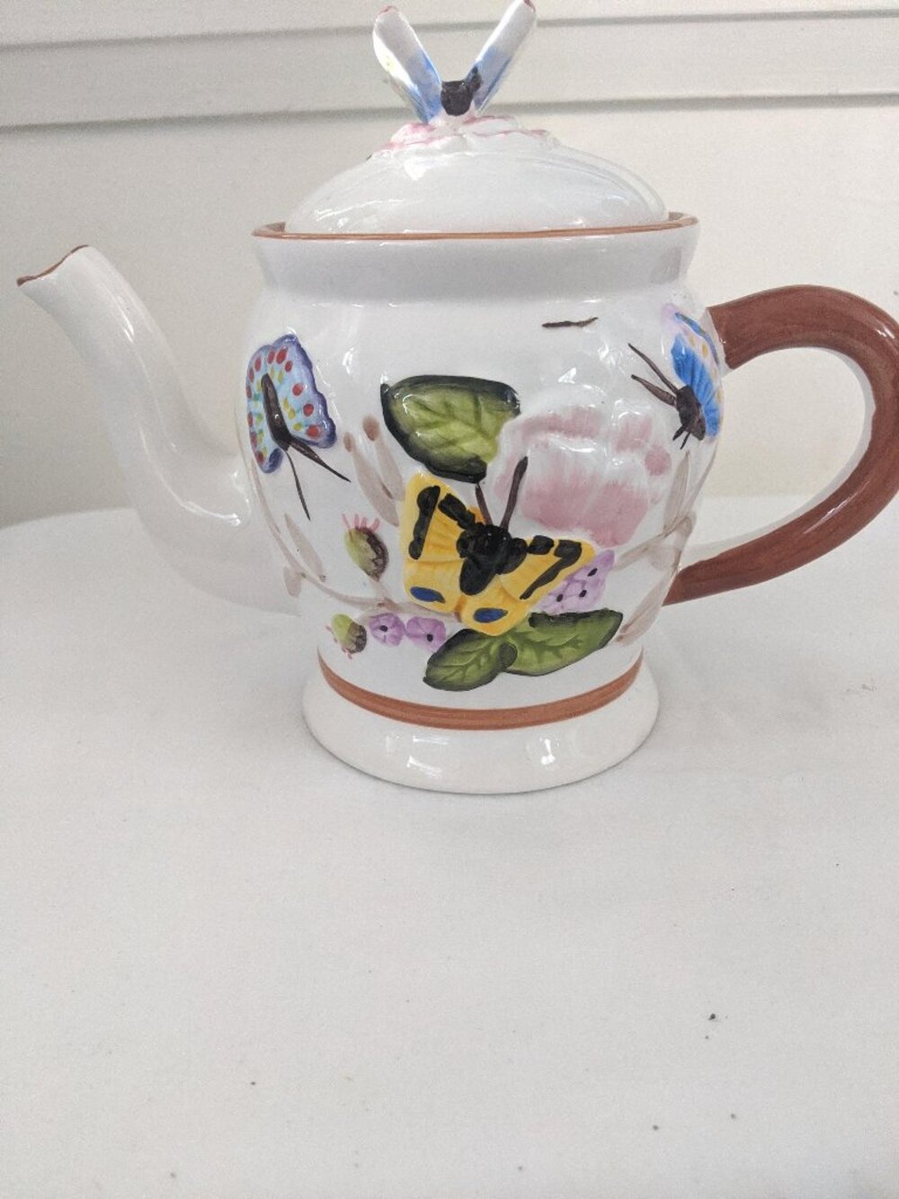 Hand-Painted Butterfly Tea Pot, Vintage Ceramic Teapot, 1970s